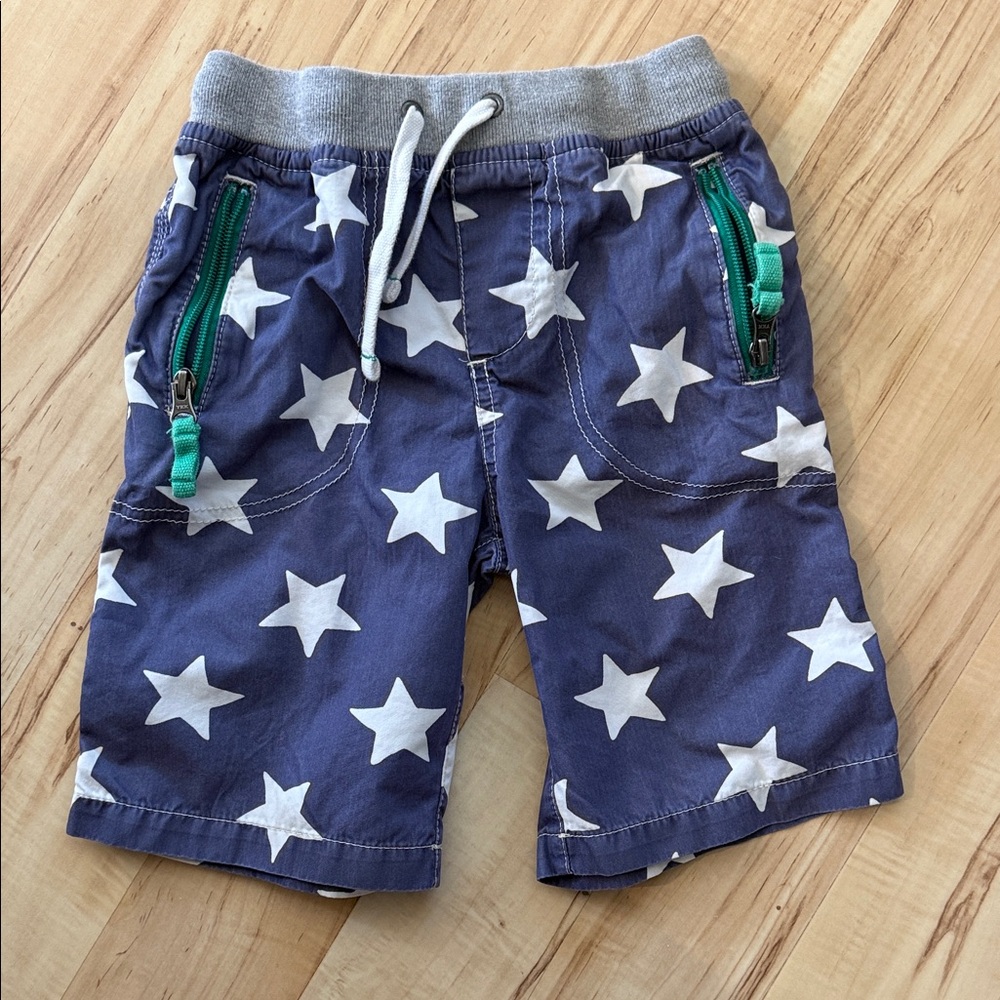 Mini Boden Navy Star Print Shorts with Green Zip Accents